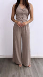 Arena Two Piece Striped Vest + Flowy Pant Set- Mocha/White