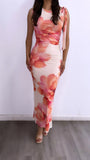 Sabor Fresa Ruched Mesh Maxi Dress- Ivory Coral