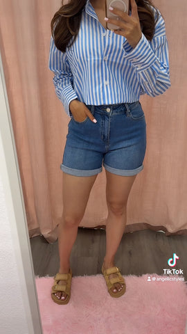 Gwen Striped Oversized Button Down Top- Blue/White