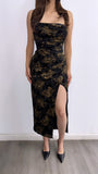 Sleighing Floral Tube Velvet Midi Dress- Black/Gold