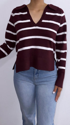 Janie Striped Oversized Sweater Top- Burgandy/White