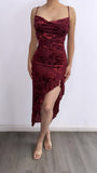 X-mas Story Hi Low Velvet Floral Midi Dress- Byrgandy
