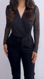 Elena Sheer Glitter Long Sleeve Bodysuit- Black