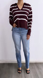 Janie Striped Oversized Sweater Top- Burgandy/White