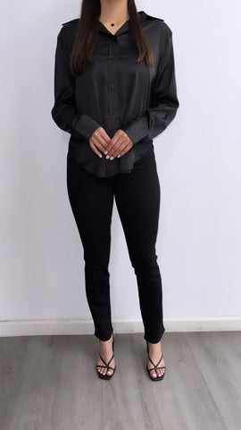 Grecy Satin Button Down Top- Black