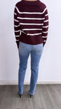 Janie Striped Oversized Sweater Top- Burgandy/White