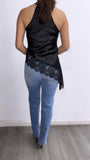 To The Good Nights Halter Satin Lace Top- Black