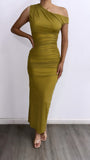 Cocktail Hour Assymetrical Mesh Maxi Dress- Kiwi