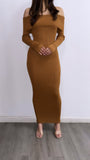 Rosalee Off Shoulder Knitted Maxi Dress- Camel