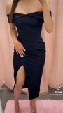One Last Dance Off Shoulder Midi Dress- Black