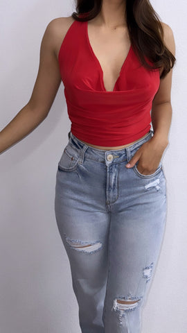 Liandra Silk Halter Top- Red