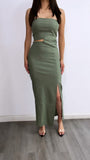 Call The Shots Cut Out Midi Dress- Olive