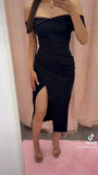 One Last Dance Off Shoulder Midi Dress- Black