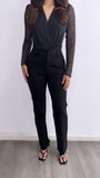 Elena Sheer Glitter Long Sleeve Bodysuit- Black