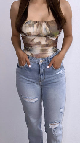 Laury Floral Mesh Bodysuit- Brown Multi