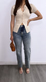 Gianna Ribbed Button Down Top- Beige