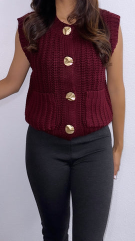 Tammy Knitted Button Down Sweater Vest- Burgandy