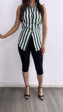 Susy Striped Sleeveless Button Up Top- Teal/Ivory