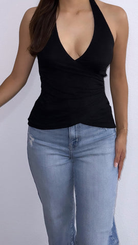 Estelle Floral Wrap Halter Top- Black