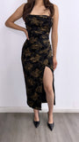 Sleighing Floral Tube Velvet Midi Dress- Black/Gold