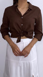 Arlo Button Down Linen Top- Chocolate