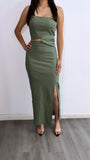 Call The Shots Cut Out Midi Dress- Olive