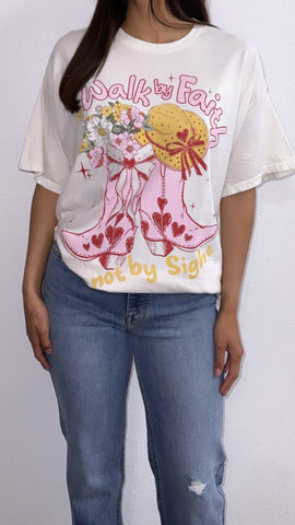 "Walk By Faith, Not By Sight Cowgirl" Oversized Graphic Tee- White
