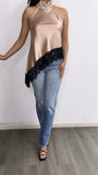 To The Good Nights Lace Halter Satin Top- Mocha