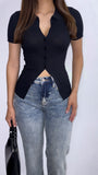 Gianna Ribbed Button Down Top- Black