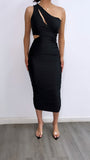 Shut It Down Assymetrical Cut Out Midi Dress- Black