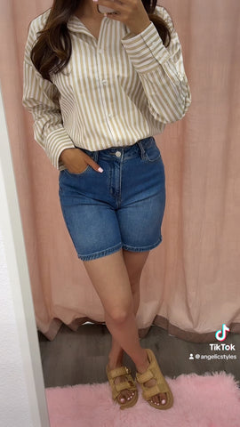 Gwen Striped Oversized Button Down Top- Beige/White