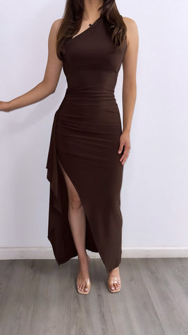 Dark Till Daylight Assymetrical Maxi Dress- Chocolate