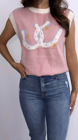 Horseshoe Motif Sweater Vest- Blush Pink