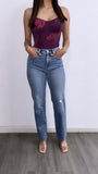 Cathy Floral Mesh Bodysuit- Plum/Fuchsia