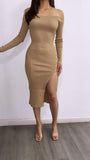 Natural Charm Off Shoulder Ribbed Midi Dress- Taupe