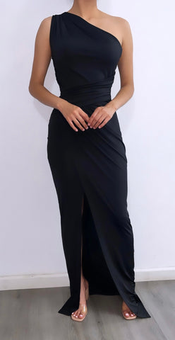 Night Of Romance Assymetrical Maxi Dress- Black