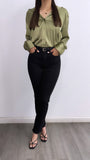 Grecy Satin Button Down Top- Olive