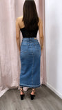 Luke High Rise Midi Denim Skirt- Medium Wash