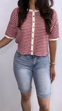 Bailey Striped Button Down Cardigan Top- Red/Cream