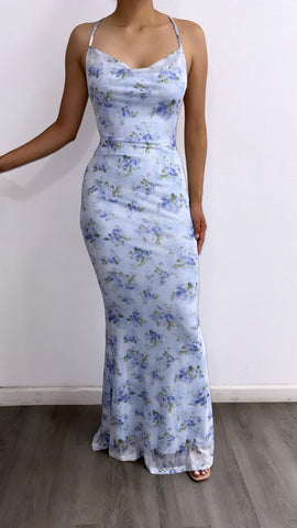 Cherished Moments Floral Mesh Maxi Dress- Baby Blue