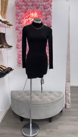 Night Shift Ruched Turtleneck Mini Dress- Black