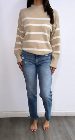 Emerie Striped Sweater Top- Taupe/Cream