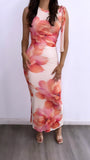 Sabor Fresa Ruched Mesh Maxi Dress- Ivory Coral