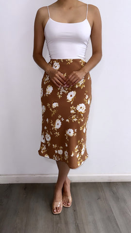 Fall's Best Flowy Floral Midi Skirt- Mocha