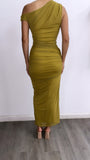 Cocktail Hour Assymetrical Mesh Maxi Dress- Kiwi