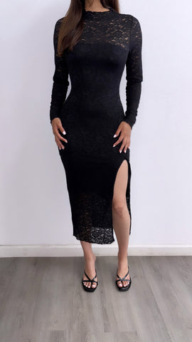 Midnight Dance Lace Midi Dress- Black