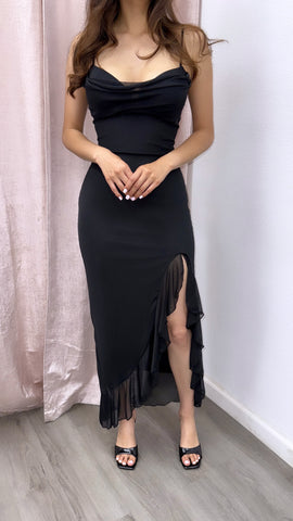 Ponte Bonita Mesh Ruffle Maxi Dress- Black