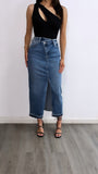 Luke High Rise Midi Denim Skirt- Medium Wash