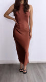 She's Magic Halter Satin Maxi Dress- Rust
