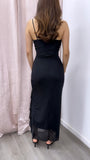 Ponte Bonita Mesh Ruffle Maxi Dress- Black